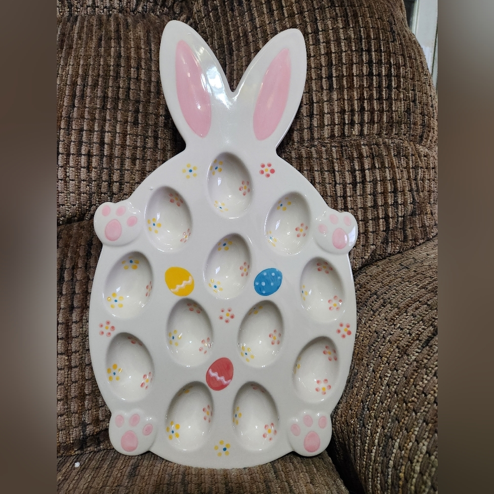 Temptations Easter Bunny Egg Tray Ceramic 15x9in Beautiful Easter Decor